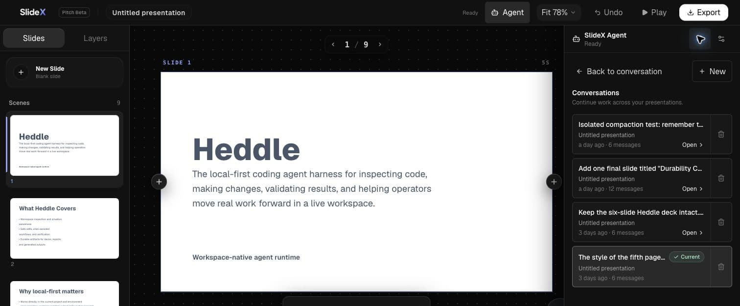 SlideX 編輯器顯示同一份簡報的多段已儲存 Agent 對話