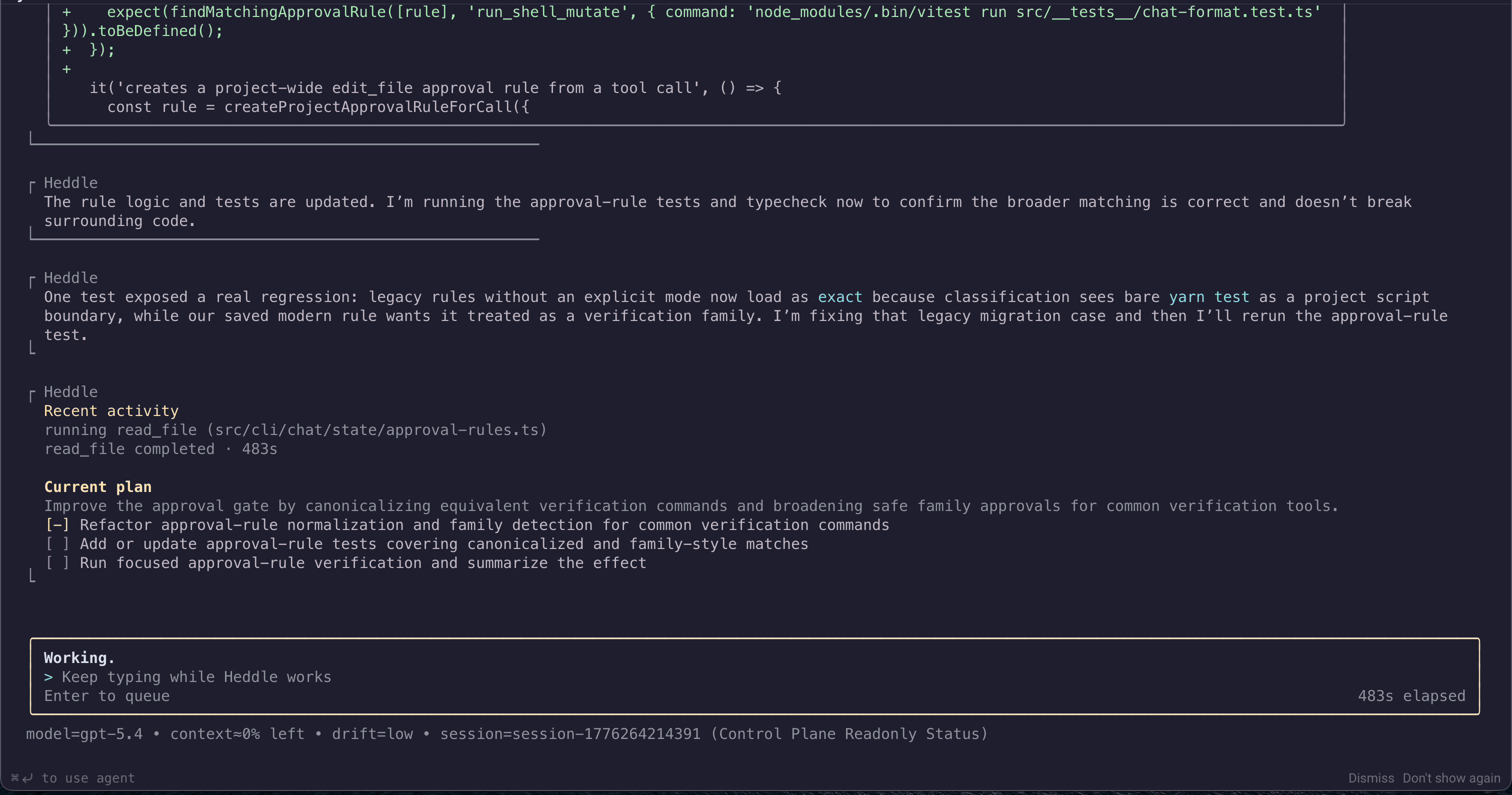 Heddle terminal chat showing live agent run activity
